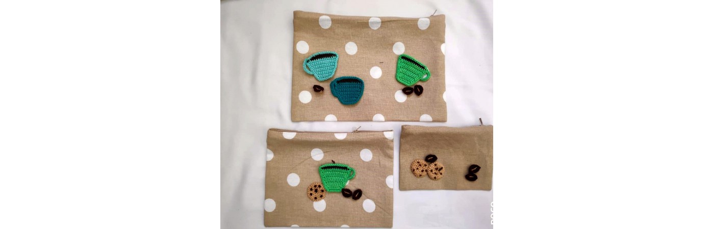 Happy Threads Cotton Storage Pouch with Hand Made Crochet Tea Cups (Beige) Comes in Set of 3